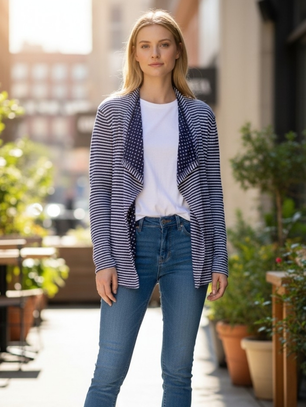 Market & Spruce Blue Stripe Polka Dot Cardigan M